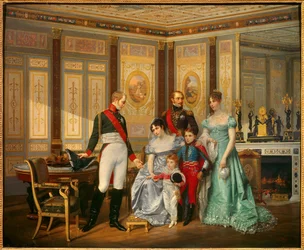 Keisarinna Joséphine de Beauharnais (1763-1814) otti vastaan tsaari Aleksanteri I:n (1777-1825), jolle hän uskoi lapsensa toukokuussa 1814. Keisarinnaa ympäröivät Eugène Rose de Beauharnais, jota kutsuttiin prinssi Eugèneksi (1781-1824), ja Hortense de