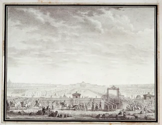 Ranskan vallankumous: "" Les troupes du Champ-de-Mars lähdössä Place Louis XV:lle: 12 juillet 1789"" Jean-Louis Prieurin (1759-1795) 1700-luvulla piirros musteella ja pesulla. Himmeä. 0,17x0,23 m. Pariisi, Musee Carnavalet