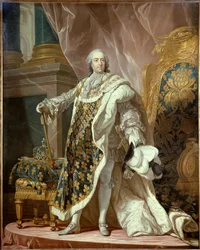 Muotokuva Louis XV:n (1710-1774) jalassa pyhässä puvussa, Ranskan kuningas. Jean Martial Fredoun (1710-1774) maalaus Louis Michel van Loon (1707-1771) mukaan 1761 Dim. 2,77x1,95 m - Ranskan kuninkaan Ludvig XV:n (1710-1774) täyspitkä muotokuva koronassa