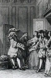 Kuvitus LImpromptu de Versaillesista, Moliere (1622-73), kaiverrus D. Nee