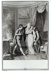 "Riisu tuo huntu", sanoi vanha nainen Candidelle, kuvitus François Voltairen (1694-1778) teoksen "Candide" 7. luvusta, 1787