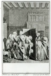 Paroni... tervehti Candidea huomattavilla potkuilla housuun ja ajoi hänet ulos ovesta. Louis Michel Halboun kaivertaman kuvituksen Francois Voltairen (1694-1778) Candiden luvusta 1 (