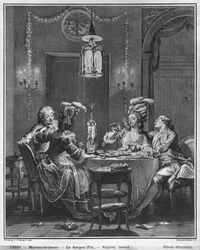 Gourmet-illallinen, kaiverrus Isidore Stanislas Helman (1743-1809) 1781