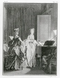 Cembalo, kuvitus Jean-Jacques Rousseaun (1712-78) teoksesta "La Nouvelle-Heloise", kaiverrus Noel Le Miren (1724-1800) (katso myös 208105)
