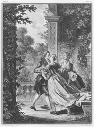Rakkauden ensimmäinen suudelma, osa I, sivu 37, kuvitus Jean-Jacques Rousseaun (1712-78) teoksesta "La Nouvelle Héloïse", kaivertanut Noël Le Mire (1724-1800)