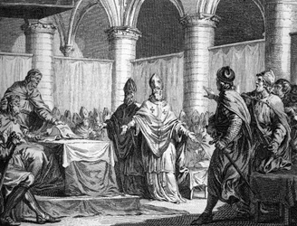 Pépin le Briefin ja Carlomanin kirkollisten kymmenysten vahvistaminen (743). Kaiverrus Moreaun jälkeen, nuori 1700-luvun kaiverrus. Yksityinen kokoelma.