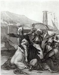 "Kapteeni piti minut piilossa takanaan ja katkaisi piirretyllä veitsillään kaikki, jotka vastustivat häntä", esimerkki Francois Voltairen (1694-1778) Candiden luvusta 11 (kaiverrus) (m/w kuva)