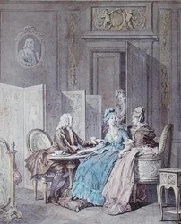 Raskausilmoitus, 1700-luvun 2. puolisko, kaiverrus Pietro Antonio Martini (1739-97) (värikaiverrus) (katso myös 19554)