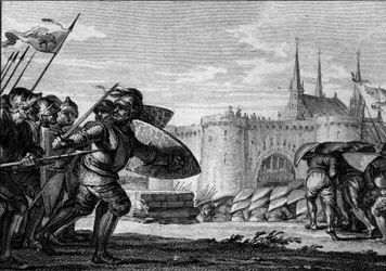 Armee-viikingit hyökkäämässä Saint Germain des Presiin (Saint-Germain-des-Pres) ja hänen luostariinsa. 9. vuosisadalla (Kaarle II Kaljuun hallituskausi). Kaiverrus Jean Michel Moreau, dit Moreau le Jeune (1741-1814)