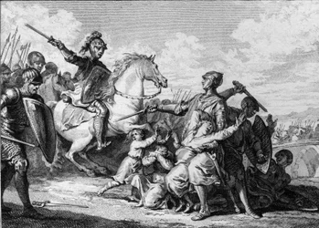 Burgundin Theoderik II:n poikien murha vuonna 613 Neustrian kuninkaan Klotar II:n (584-628) läsnä ollessa. Heidän joukossaan Sigebert II (601-613). Jean Michel Moreaun, lisänimeltään Moreau le Jeune (1741-1814), kuparikaiverrus
