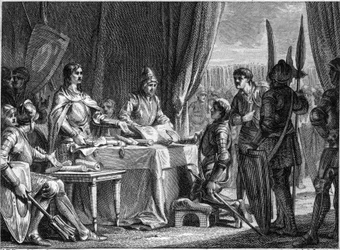 Charles Martel (688-741), frangien kuningas, jakaa kirkon tavarat sotilailleen, 718. Kaiverrus Jean Michel Moreau, dit Moreau le Jeune (1741-1814)