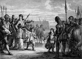 Charles Martel lähetettiin vankilaan, 714: Plectrude (n. 650-717), Pepin de Herstalin leski, lähetti nuoren Charles Martelin (688-741) vankilaan poistamaan hänet vallasta. Kaiverrus Jean Michel Moreau, dit Moreau le Jeune (1741-1814)