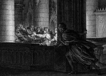 Salaliitto Kaarle Suurta vastaan, 792: ylimys yllättää salaliittolaiset keskustelemasta frankkien kuninkaan murhaamisesta. Heidän joukossaan on Kaarle Suuren poika Pipin Kyttyräselkä (769-811). Kaiverrus Jean Michel Moreaulta, jota kutsuttiin nimellä