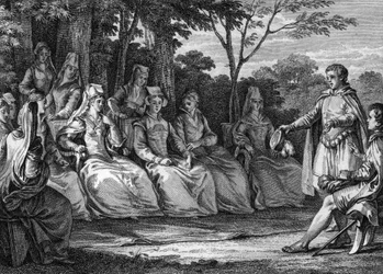 Rakkauden tuomioistuin keskiajalla trubaduurien läsnäollessa - Kaiverrus Jean Michel Moreau, dit Moreau le Jeune (1741-1814)