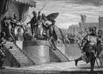 Merovingien dynastian loppu, 751: Pepin Briefin (714-768) kuningas Childeric III:n (n. 714-754) vallankaappaus. Kaiverrus Jean Michel Moreau, dit Moreau le Jeune (1741-1814)