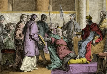 Erispoe (kuoli 857), Bretagnen kuningas (Herispogius - Hervspogius - Respogius) sai valtakunnan koristeet Kaarle II Kaljuun (823-877), 851 käsistä. Kaiverrus Jean Michel Moreau, dit Moreau le Jeune (1741) - 1814)