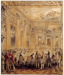 Ludvig XV:n rakastajatar, Barryn kreivitär (tai rouva) Jeanne Becu (1743-1793) piti juhlat Louveciennesin linnassa 2.9.1771 Jean Michel Moreau le Jeunen (1741-1814) akvarelli. Aurinko 0,31x0,26 m Pariisi, musee du Louvre