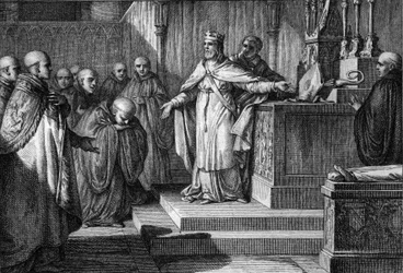 Hugues Capet (941-996) järjesti uudelleen kanoniset vaalit: frankkien kuningas antoi munkkien valita abbeensa asettamalla alttarille ristin ja hiiran. Kaiverrus Jean Michel Moreau, dit Moreau le Jeune (1741-1814)