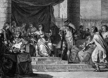 Kuvitteellinen esitys Merovingien "laiskojen kuninkaiden" hallituskaudesta: Clovis III (682-695), Childebert III (683-711) ja Dagobert III (noin 697-715) nukkuvat ja istuvat Pepin le Jeunen tai Herstalin palatsin pormestarin takana (noin 653-714). Kaiverru