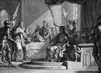 Interregne de Charles Martel, 737: Charles Martel, palatsin pormestari, interregne Thierry IV:n (713-737) kuoleman jälkeen. Kaiverrus Jean Michel Moreau, joka tunnetaan nimellä Moreau nuorempi (1741-1814)