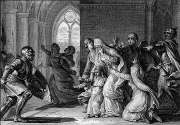 Louis 1st the Pious (Debonnaire) ajaa sisarensa ja veljenpoikansa ulos palatsista, 814. Heitä syytetään juonittelusta häntä vastaan. Kaiverrus Jean Michel Moreau, dit Moreau le Jeune (1741-1814)
