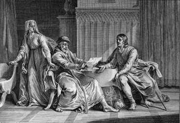 Ludvig Paksu (1081-1137) näyttää isälleen Filip I:lle (1052-1108) kirjeen, jossa tämän väitetään pyytäneen Englannin kuningasta murhaamaan Ludvigin. Myös Bertrade de Montfort (n. 1070-1118), Filipin vaimo ja kirjeen oletettu kirjoittaja, on läsnä. 1