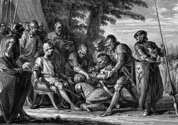 Rollo (n. 860-933), viikinkipäällikkö, kieltäytyy suutelemasta kuningas Kaarle III Yksinkertaisen (879-929) jalkaa, 912. Kaiverrus Jean Michel Moreaulta, lisänimeltään Moreau le Jeune (1741-1814)