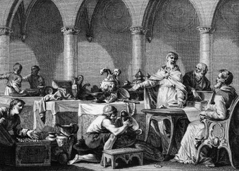 Frankkien kuninkaan Dagobert I:n (602/605-638) aarteiden jakaminen hänen kuolemansa jälkeen Landenin Pipinin ja Aegan, palatsin kahden major domuksen, valvonnassa. Jean Michel Moreaun, lisänimeltään Moreau le Jeune (1741-1814), kuparikaiverrus