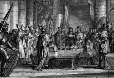 Louis 1. hurskaan eli Debonnairen jälkeläinen, 816: lännen keisari (778-840) ennen kolmea kruunua, jotka symboloivat hänen valtakuntansa jakautumista kolmeen kuningaskuntaan, joista jokainen palaa yhdelle pojistaan (Lothaire, Pepin, Louis) . Kaiverrus Jean