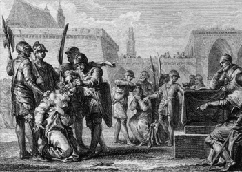 Frankkien kuningas Thierry III (651-691) ja Neutrian palatsin pormestari Ebroin (kuoli 681) olivat niille niille kahdelle miehelle vihamielisesti. 669. Kaiverrus Jean Michel Moreau, dit Moreau le Jeune (1741-1814)