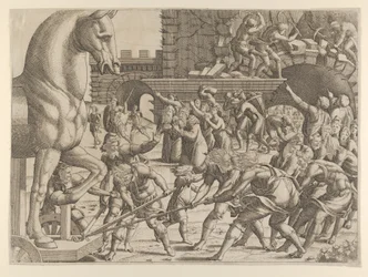 Troijalaiset tuovat puisen hevosen kaupunkiinsa, 1535-55.