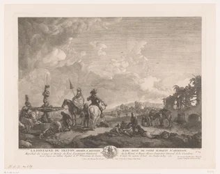 Maisema hahmoilla suihkulähteen vieressä La Fontaine du Triton (otsikko esineessä) Printtejä Philips Wouwermanin maalausten jälkeen (sarjan nimi) Oeuvres de Ph.pe Wouwermans Hollandois (sarjan nimi)
