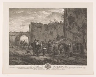Munkit jakavat ruokaa pyhiinvaeltajille pihalla La Charité des Capucins (otsikko esineessä) Tulosteet Philips Wouwermanin maalausten jälkeen (sarjan nimi) Oeuvres de Ph.pe Wouwermans Hollandois (sarjan nimi)