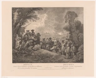 Kulkue sotilaiden kanssa matkalla kaupunkiin Défillé - Decursus (otsikko esineessä) Antoine Watteaun teokset (sarjan nimi) Antoine Watteaun teos, peintre du roy en son Academie roïale de peinture et sculpture (...) (sarjan nimi)