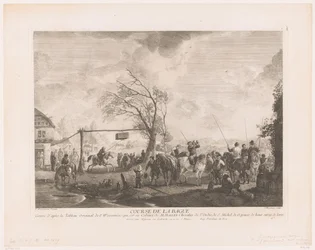 Sormuskyltti kylän majatalossa Cours de la bague (otsikko esineessä) Tulosteet Philips Wouwermanin maalausten jälkeen (sarjan nimi) Oeuvres de Ph.pe Wouwermans Hollandois (sarjan nimi)