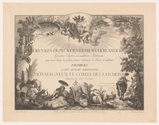 Otsikkoprintti hahmoilla ja eläimillä maisemassa sekä Philips Wouwermanin muotokuva Printtejä Philips Wouwermanin maalausten jälkeen (sarjan nimi) Oeuvres de Ph.pe Wouwermans Hollandois (sarjan nimi esineellä)
