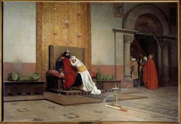Robert II hurskaan ekskommunikaatio vuonna 998. Ranskan kuningas, Hugues Capetin poika, rakastuu ja menee naimisiin serkkunsa Berthen kanssa Burgundiasta huolimatta paavi Gregoire V:n desaprobaatiosta, joka myös luovuttaa hänet. Jean Paul Laurensin maalaus