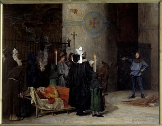 William Valloittajan (1027-1087), Englannin kuninkaan hautajaiset 1066-1087 (1087) Caenin Abbey aux Hommesissa (Abbey-au-Hommes). Mies nimeltä Asselin keskeyttää seremonian. Jean Paul Laurensin (1838-1921) maalaus