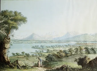 Näkymä Mont Blancille, Geneve etualalla, kaiverrettu Jean Philippe Linck II (1770-1812) ja Jacob Philippe Hackert (1737-1807)