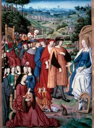 Allegoria: järki ja ihminen. Ranskan kuningas Ludvig XII (1462-1515) etenee kohti syytä, joka suunnittelee hänen vaimonsa Bretagnen kuningatar Annea (1477-1514). Jean Pichoren pienoismalli elokuvassa "" Remedes yhtä ja toista omaisuutta vastaan. De remedii