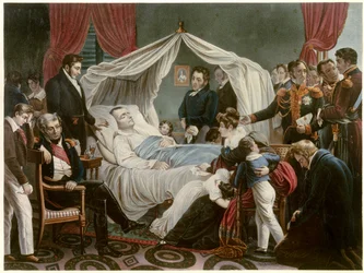 Napoleonin kuolema, 5.5.1821 Sainte Helenessä Jean Pierre Marie Jazetin (1788-1871) litografia Charles Auguste Steubenin (1788-1856) Malmaisonin maalauksen jälkeen. Linnan museo