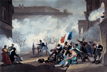 Vuoden 1830 vallankumous: Ecole Polytechniquen opiskelija takavarikoi tykin palas-Royalin valloituksen yhteydessä 28. heinäkuuta