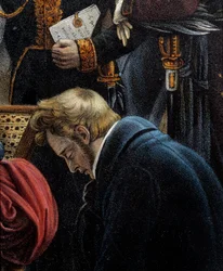 Napoleonin kuolema, 5.5.1821 Saint Helene Detail edustaa Jean Abraham Noverrazia (1790-1849). Jean Pierre Marie Jazetin (1788-1871) litografia Charles Auguste Steubenin (1788-1856) Malmaisonin maalauksesta. Chateau museo