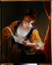 Nuori nainen lukemassa kirjettä (1677-1734), 1700-luku, mitat: 0,99 x 0,81 m