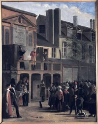 La Parade de Bobèche et Galimafre, Jean Rollerin maalaus, joka edustaa yleisöä katsomassa katuesitystä. 1800-luvun öljymaalaus.