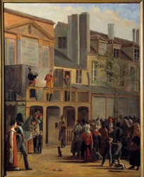 Katuteatteri: "" Bobechen ja Galimafren paraati Boulevard du Templellä Theater des delassements comiques -teatterin edessä"" Jean Rollerin (1798-1866) maalaus 1820 su. 1,01 x 0,83 m Pariisi, Carnavalet-museo