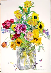 Auringonkukat, Godetia, Alstroemeria, Ranunculus