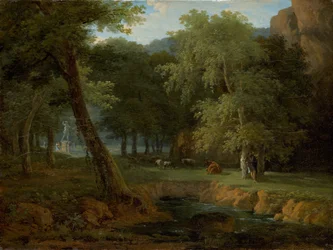 Metsäkuva, jossa on nymfejä ja sampi, noin 1810 (öljy kankaalle)
