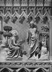 Katedraali, sisustus, kuorotaulu, Jeesus Kristus ilmestyy Maria Magdaleenalle, n. 1340-51 (monivärinen kivi)