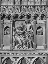 Katedraali, sisustus, kuorotaulu, Jeesus Kristus ilmestyy apostoleille, Pyhän Tuomaan uskottomuus, n. 1340-51 (monivärinen kivi)